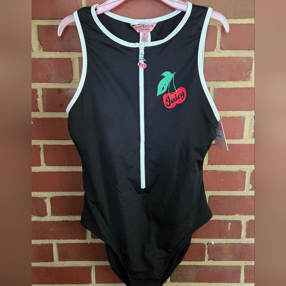 Juicy Couture One Piece Swimsuit XL Black Cherry Zip Front High Cut Sporty Retro - Picture 2 of 4